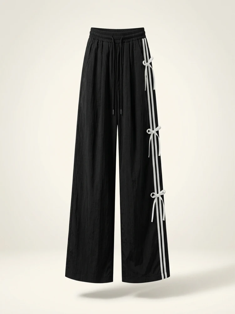 American Retro Side Stripe Knot Dstring Wide Leg Pants Women High Waist Casual Sports Trousers Workwear Straight... - Image 3