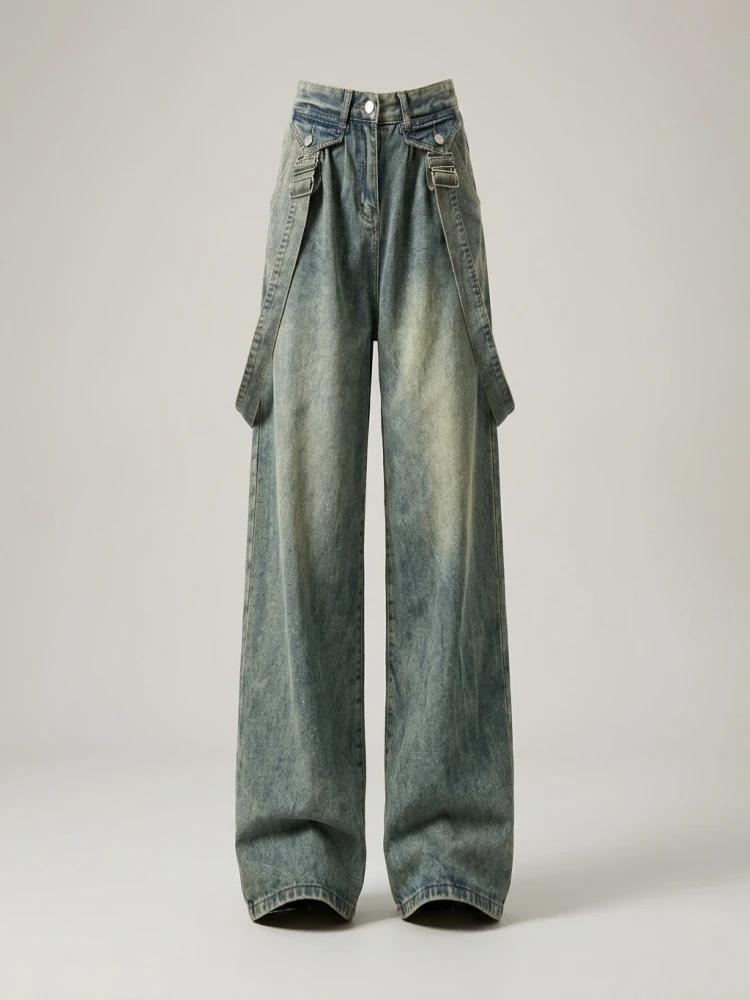 Retro American Vibe Women's Wide Leg Jeans Cargo Pants High Waist Long Trousers Dual Wear Harn Loose Fit Spring Design - Image 2