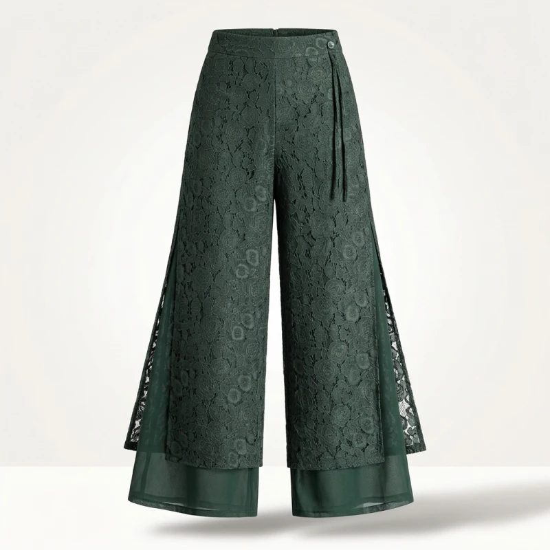 High Waist Wide Leg Pants Women's Summer Thin Ice Silk Straight Cut Slimming Drapey Floral Embroidery Loose Fit Casual Trousers