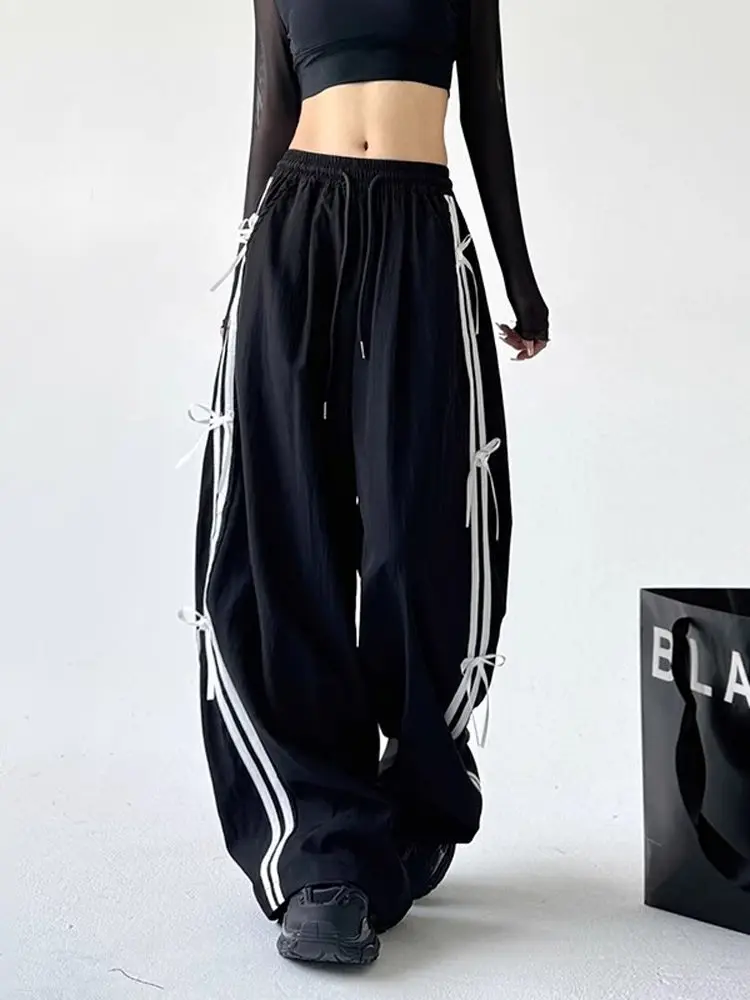 American Retro Side Stripe Knot Dstring Wide Leg Pants Women High Waist Casual Sports Trousers Workwear Straight...
