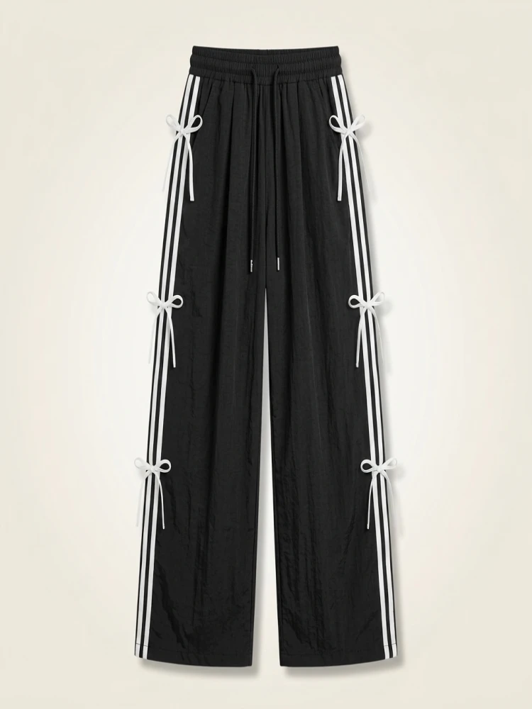 American Retro Side Stripe Knot Dstring Wide Leg Pants Women High Waist Casual Sports Trousers Workwear Straight...