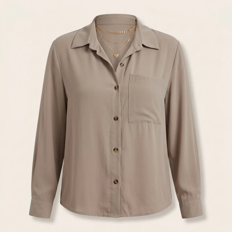 Plus Size Solid Belted Button Front Shirt, Elegant Curved Hem Long Sleeve Shirt For Spring & Fall, Women's Plus Size Clothing - Image 4