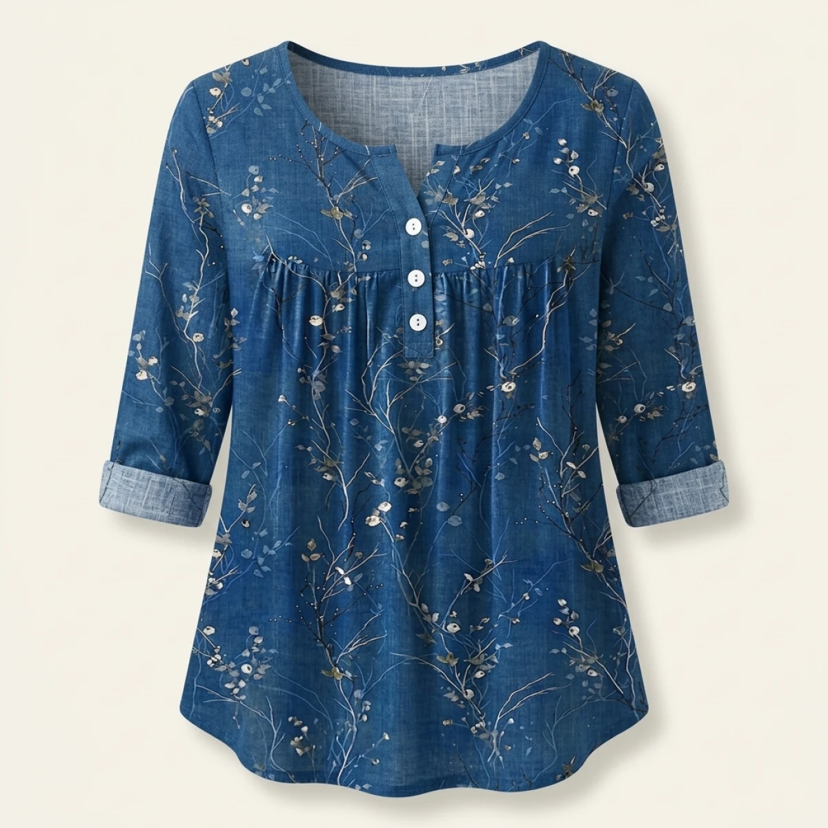 Plus Size Women's Spring and Autumn Long Sleeve Random Plant Print Button T-Shirt