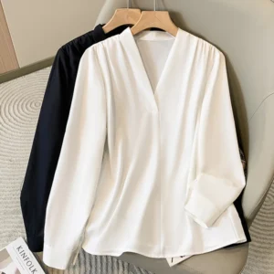 Big Size Women Shirts 2025 Spring Autumn Long Sleeve Office Lady V-Neck Solid Color Blouses Elegant and Youth Woman Tops