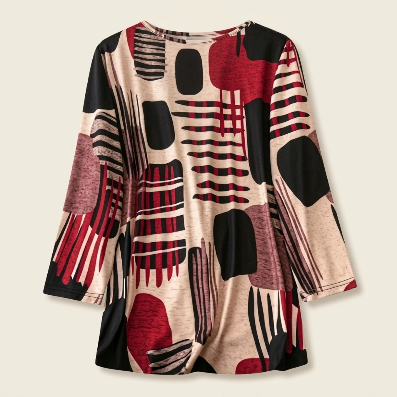 Plus Size Women's Abstract Print Loose Fit Long Sleeve T-Shirt - Round Neck Casual Top with Stretchy Fabric, Machine Washable fo - Image 3