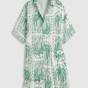 Women's Large Size Woven Solid Color Summer Print Set