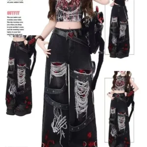 Y2K Red Gothic Hip-Hop Hole Vintage Jeans Girl High Street Trend American Baggy Wash Overall Belt Splicing Woman Wide-leg Pants