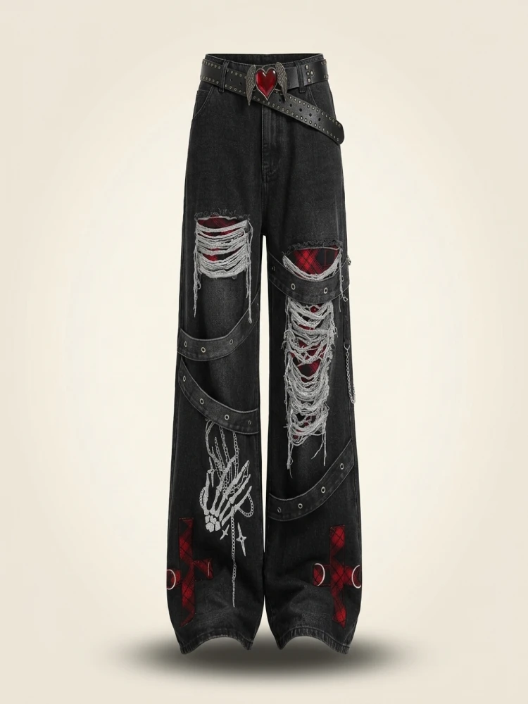 Y2K Red Gothic Hip-Hop Hole Vintage Jeans Girl High Street Trend American Baggy Wash Overall Belt Splicing Woman Wide-leg Pants
