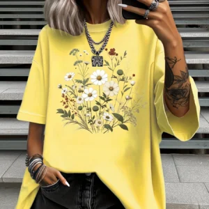 Summer Plus Size Fashion Women's T-Shirt Original Design Butterfly Flower Printed Women's Casual Round Neck Short Sleeved Tops