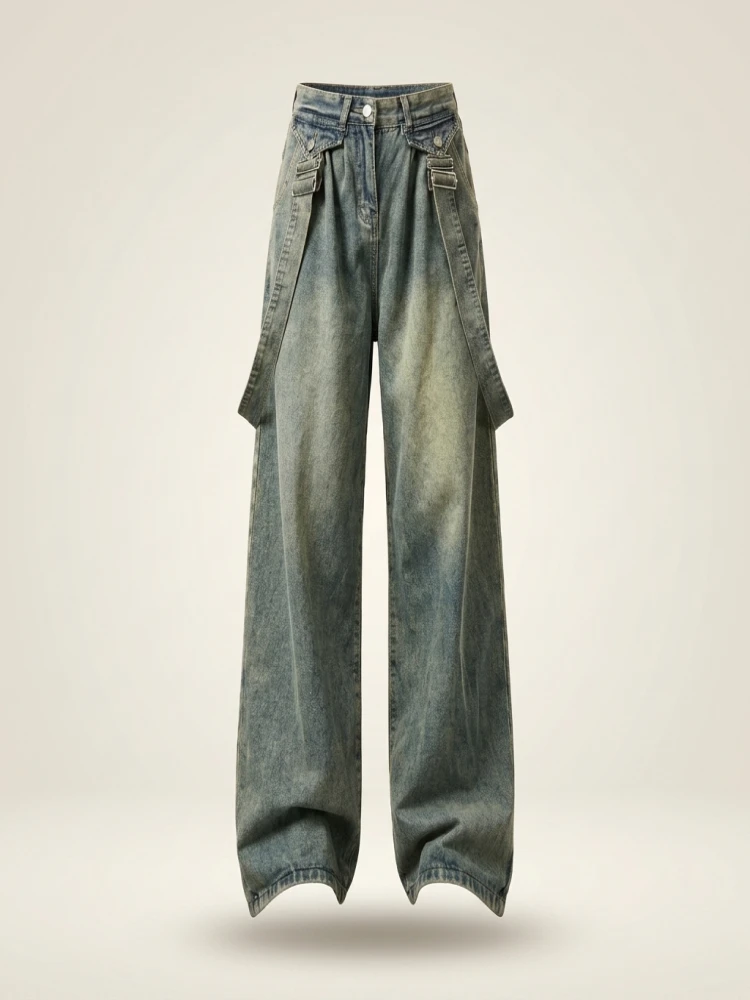 Retro American Vibe Women's Wide Leg Jeans Cargo Pants High Waist Long Trousers Dual Wear Harn Loose Fit Spring Design - Image 3