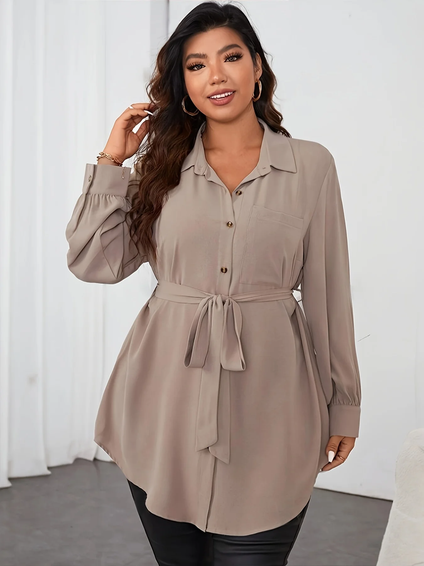 Plus Size Solid Belted Button Front Shirt, Elegant Curved Hem Long Sleeve Shirt For Spring & Fall, Women's Plus Size Clothing - Image 2