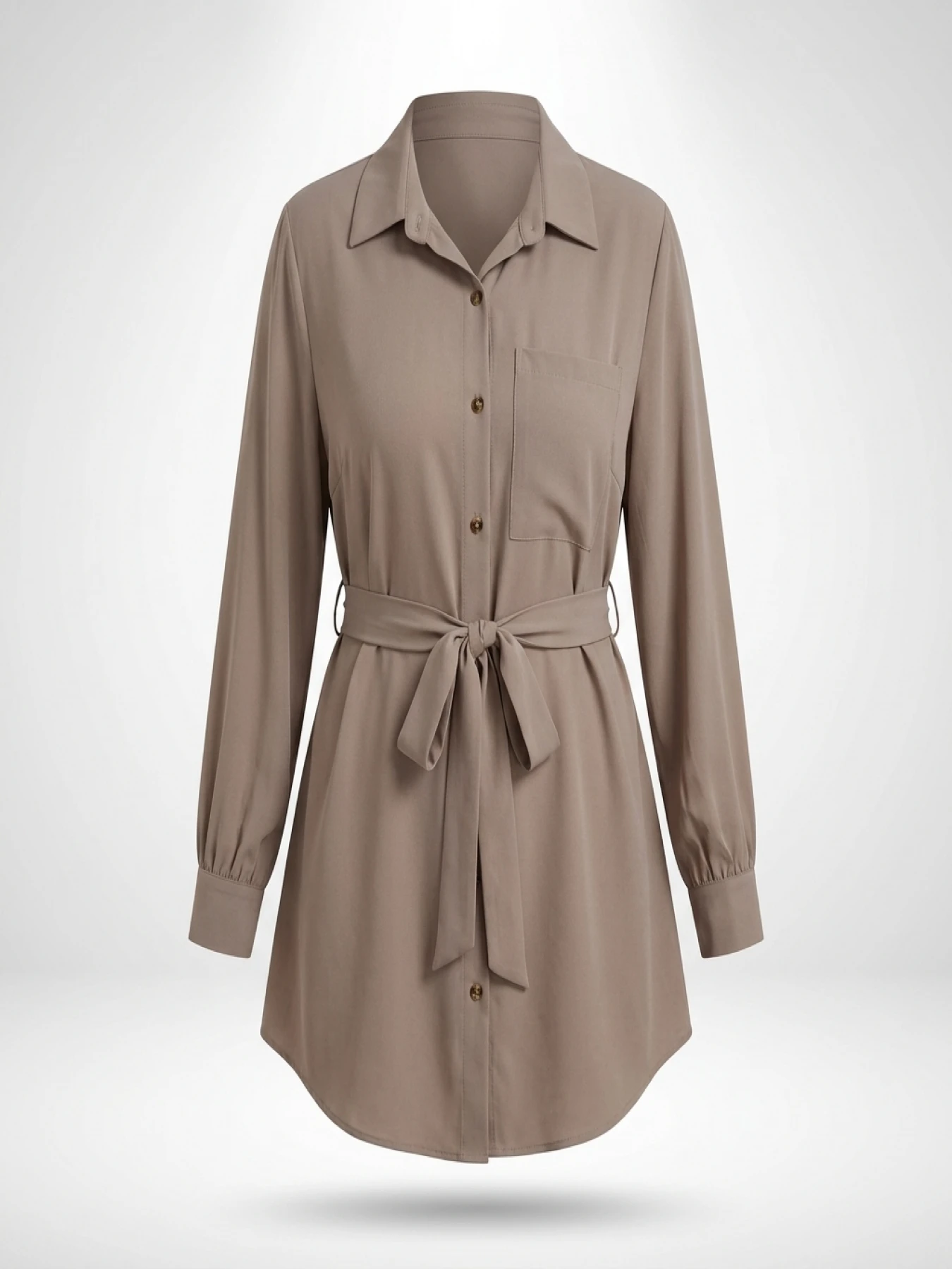 Plus Size Solid Belted Button Front Shirt, Elegant Curved Hem Long Sleeve Shirt For Spring & Fall, Women's Plus Size Clothing - Image 2