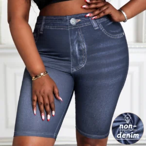 Plus Size Women's Skinny Capris Pants Imitation Denim Print Curve Female Casual Stretch Knitted Sporty Cropped Leggings Summer