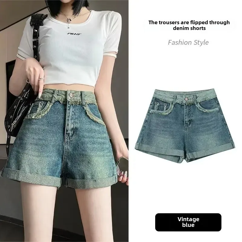 2024 Summer New Style Spicy Girl Fashion Denim Shorts Women's Casual Bell Bottoms Curved Edge Fringe Back Pocket Sexy Hot Pants - Image 3