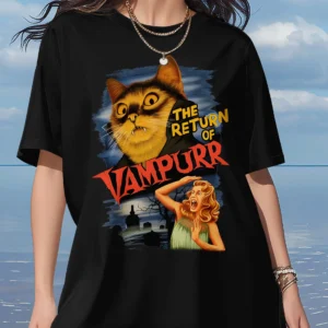 Plus Size Tops Women Clothes Summer Casual Short Sleeve Crew Neck “THE RETURN OF VAMPURR” Cat Vampire Poster Print T-Shirt
