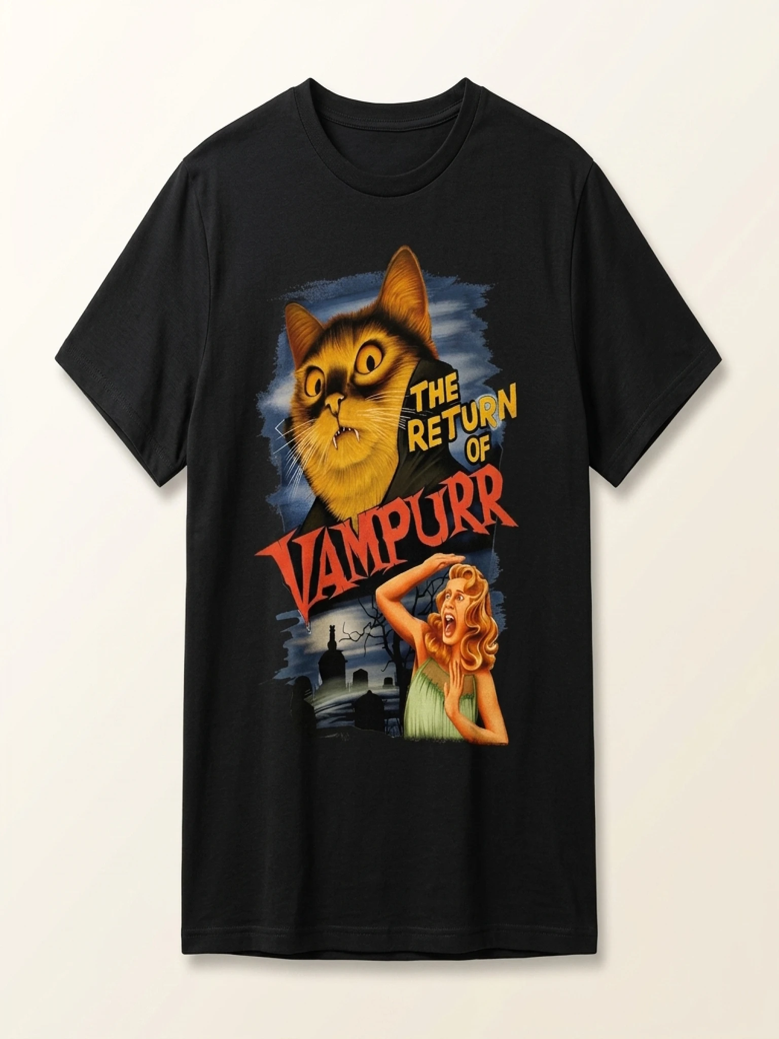 Plus Size Tops Women Clothes Summer Casual Short Sleeve Crew Neck “THE RETURN OF VAMPURR” Cat Vampire Poster Print T-Shirt