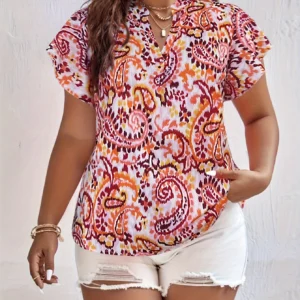 Plus Size Summer Women Elegant Print Blouses Shirt Ethnic Casual Fashion V Neck Tops Female Curve Clothing