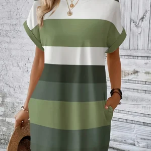 Chic Plus Size Dress: Elegant Stripes, Roll-Up Sleeves, Pockets - Comfortable & Casual Women's Dress