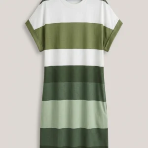 Chic Plus Size Dress: Elegant Stripes, Roll-Up Sleeves, Pockets - Comfortable & Casual Women's Dress