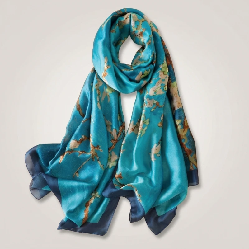 Spain Luxury Silk Scarf Women Designer Van Gogh Oil Painting Floral Silk Shawls Pashmina Ladies Wraps Scarves Foulard New Hijab (Men's & Women's) - Image 3