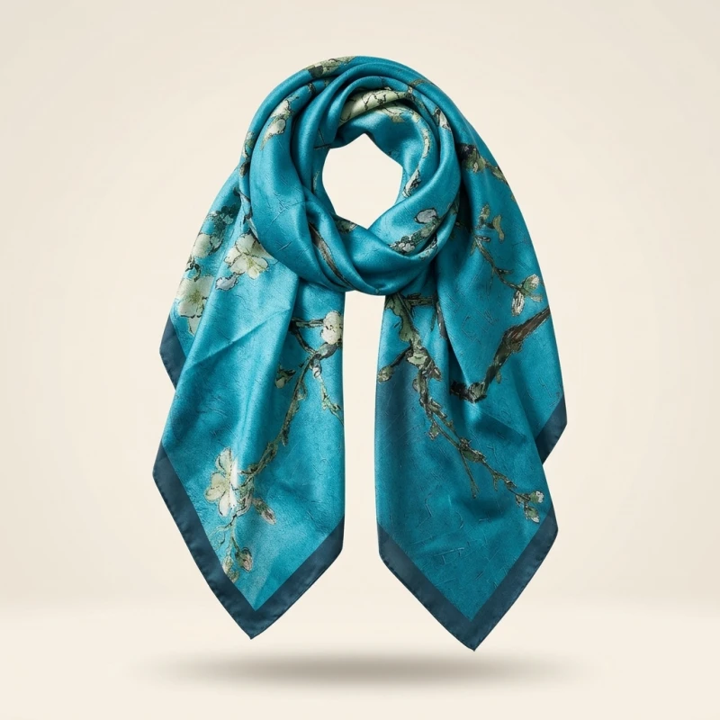 Spain Luxury Silk Scarf Women Designer Van Gogh Oil Painting Floral Silk Shawls Pashmina Ladies Wraps Scarves Foulard New Hijab (Men's & Women's) - Image 2