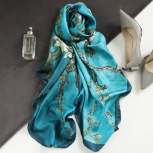 Spain Luxury Silk Scarf Women Designer Van Gogh Oil Painting Floral Silk Shawls Pashmina Ladies Wraps Scarves Foulard New Hijab (Men's & Women's)