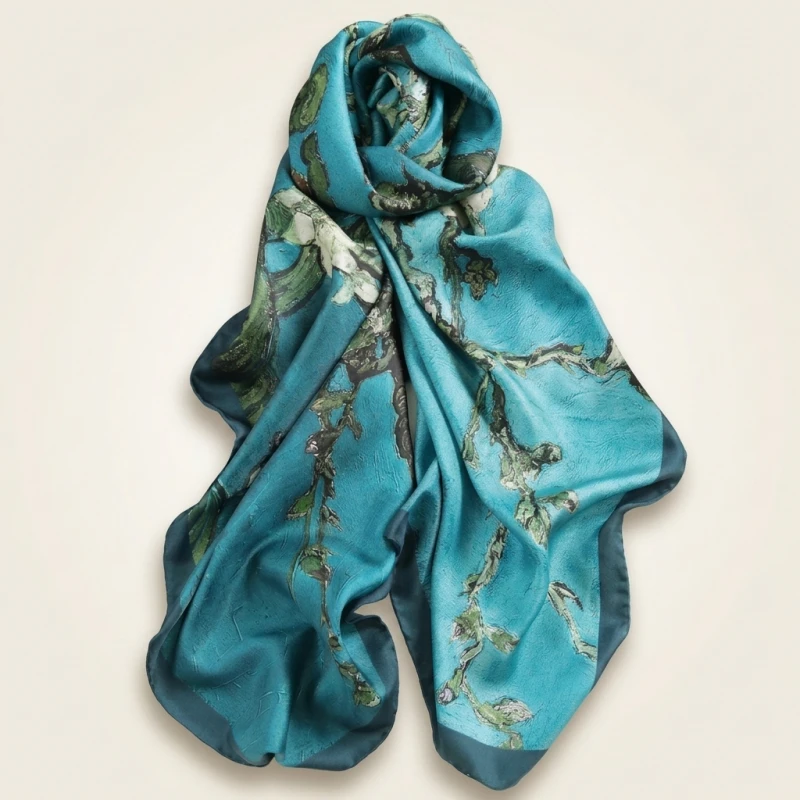 Spain Luxury Silk Scarf Women Designer Van Gogh Oil Painting Floral Silk Shawls Pashmina Ladies Wraps Scarves Foulard New Hijab (Men's & Women's)