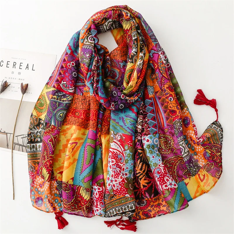 Thin Fashion Aztec Paisley Floral Tassel Viscose Shawl Scarf High Quality Wrap Pashmina Stole Bufandas Muslim Hijab 180*90Cm (Men's & Women's)