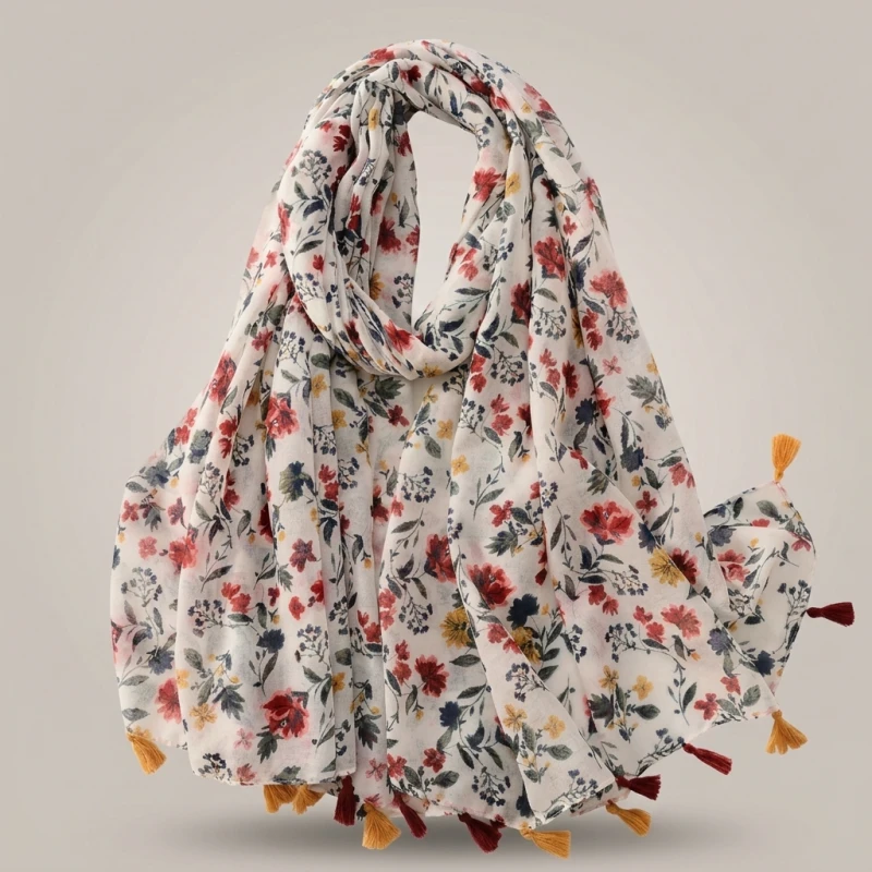 Elegant Woman Shawl Fashion Design Tassel Cotton Scarf Muslim Hijab Scarfs Floral Print Ladies Scarves For Beach Party Bandana (Men's & Women's)