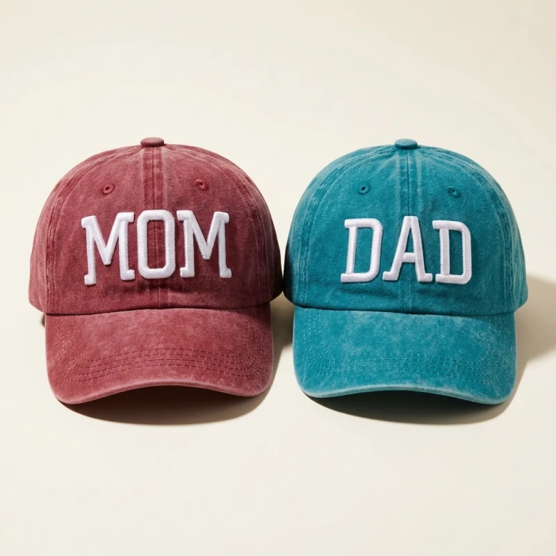 Qisin MOM And DAD Baseball Cap Fishing Caps Men Outdoor Women Washed And Worn Pregnancy Announcement Hats 3D Embroidery (Men's & Women's)